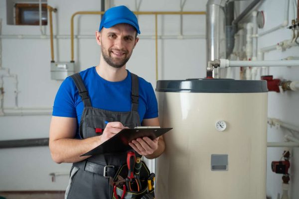 Technician servicing an hot-water heater